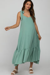 Mint Green Tie Strap Ruffle Hem Maternity Midi Dress