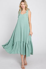 Mint Green Tie Strap Ruffle Hem Midi Dress