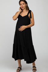 Black Tie Strap Ruffle Hem Maternity Midi Dress