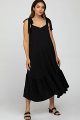 Black Tie Strap Ruffle Hem Maternity Midi Dress