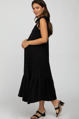 Black Tie Strap Ruffle Hem Maternity Midi Dress