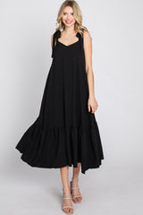 Black Tie Strap Ruffle Hem Midi Dress