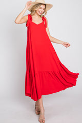 Red Tie Strap Ruffle Hem Midi Dress