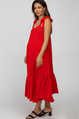 Red Tie Strap Ruffle Hem Maternity Midi Dress