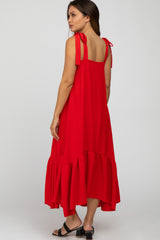 Red Tie Strap Ruffle Hem Maternity Midi Dress