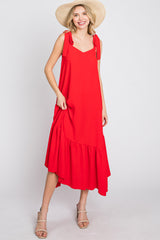 Red Tie Strap Ruffle Hem Maternity Midi Dress