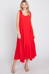 Red Tie Strap Ruffle Hem Midi Dress