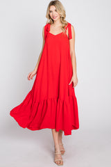 Red Tie Strap Ruffle Hem Midi Dress