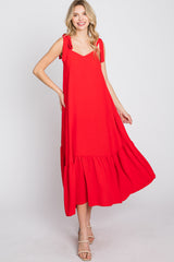 Red Tie Strap Ruffle Hem Midi Dress