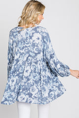 Navy Blue Floral V-Neck Blouse