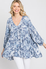 Navy Blue Floral V-Neck Blouse