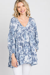 Navy Blue Floral V-Neck Blouse