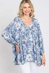 Navy Blue Floral V-Neck Blouse