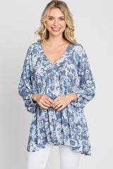 Navy Blue Floral V-Neck Blouse