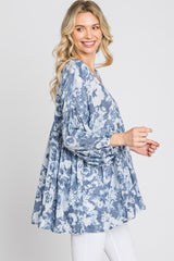 Navy Blue Floral V-Neck Blouse