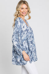 Navy Blue Floral V-Neck Blouse