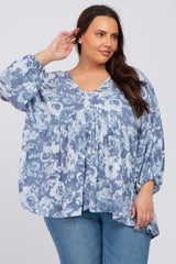 Navy Blue Floral V-Neck Plus Blouse