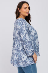 Navy Blue Floral V-Neck Plus Blouse