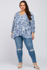 Navy Blue Floral V-Neck Plus Blouse