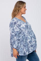 Navy Blue Floral V-Neck Maternity Plus Blouse