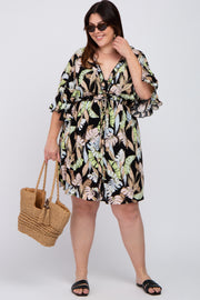 Black Floral Button Down Ruffle Plus Dress