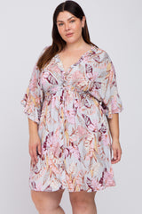 Grey Floral Button Down Ruffle Plus Maternity Dress