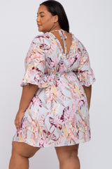 Grey Floral Button Down Ruffle Plus Maternity Dress