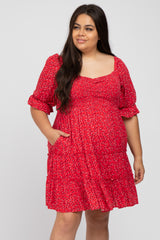 Red Floral Sweetheart Neck Ruffle Tiered Maternity Plus Dress