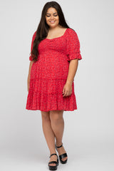 Red Floral Sweetheart Neck Ruffle Tiered Plus Dress