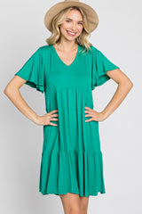 Green Flounce Sleeve Tiered Dress