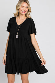 Black Flounce Sleeve Tiered Dress