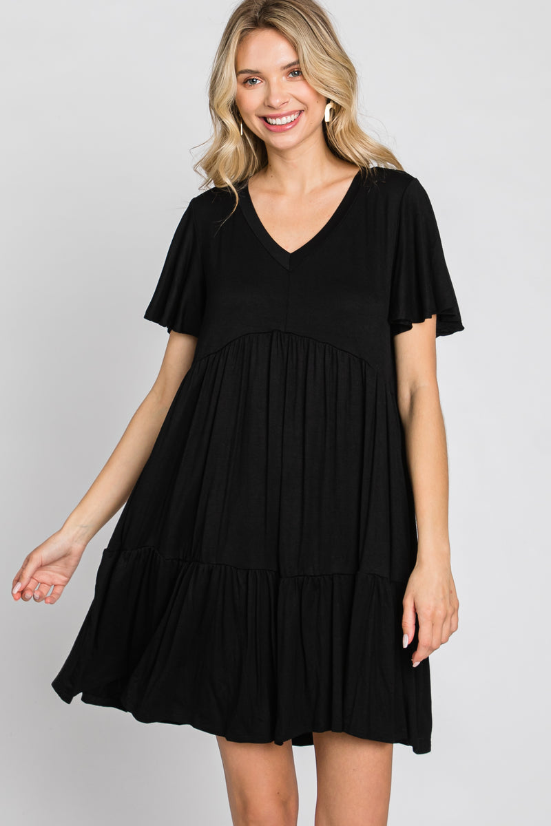 Black Flounce Sleeve Tiered Dress – PinkBlush