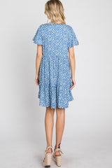 Blue Floral Ruffle Hem Dress