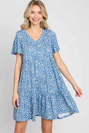 Blue Floral Ruffle Hem Dress