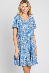 Blue Floral Ruffle Hem Dress