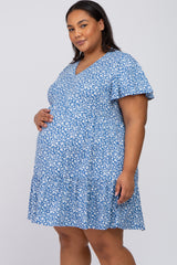 Blue Floral Ruffle Hem Maternity Plus Dress