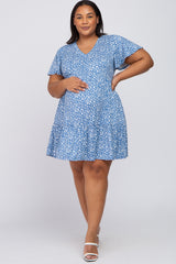 Blue Floral Ruffle Hem Maternity Plus Dress