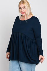 Navy Blue Babydoll Hi-Low Long Sleeve Plus Top