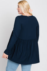 Navy Blue Babydoll Hi-Low Long Sleeve Plus Top