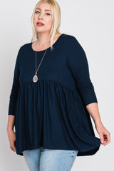 Navy Blue Babydoll Hi-Low Long Sleeve Plus Top