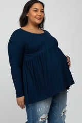 Navy Blue Babydoll Hi-Low Long Sleeve Maternity Plus Top