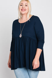 Navy Blue Babydoll Hi-Low Long Sleeve Plus Top