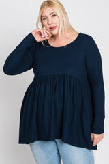 Navy Blue Babydoll Hi-Low Long Sleeve Plus Top