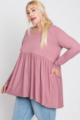 Pink Babydoll Hi-Low Long Sleeve Plus Top