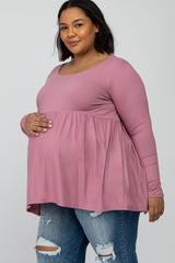 Pink Babydoll Hi-Low Long Sleeve Maternity Plus Top