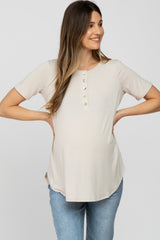 Beige Button Down Short Sleeve Maternity Top