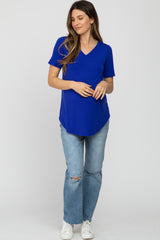 Royal Blue V-Neck Maternity Short Sleeve Round Hem Top