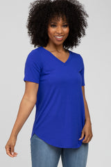 Royal Blue V-Neck Short Sleeve Round Hem Top