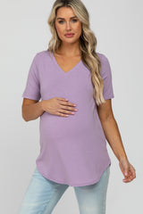 Lavender V-Neck Maternity Short Sleeve Round Hem Top