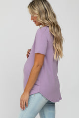 Lavender V-Neck Maternity Short Sleeve Round Hem Top